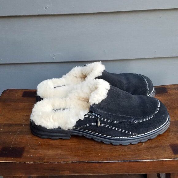 UGG Australia Black Hampton Suede Sheepskin Side Zip Clog Mule Slipper Size 7 - Picture 13 of 14